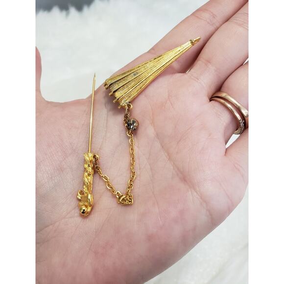 Vintage Brooch Stick Pin Miniature Umbrella Signed Celebrity Gold Tone‎ 3" - Picture 4 of 5